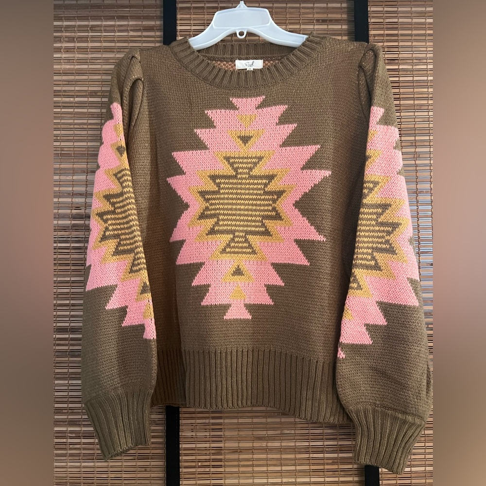 Easel Brown Sweater with Pink and Yellow Geometric Design